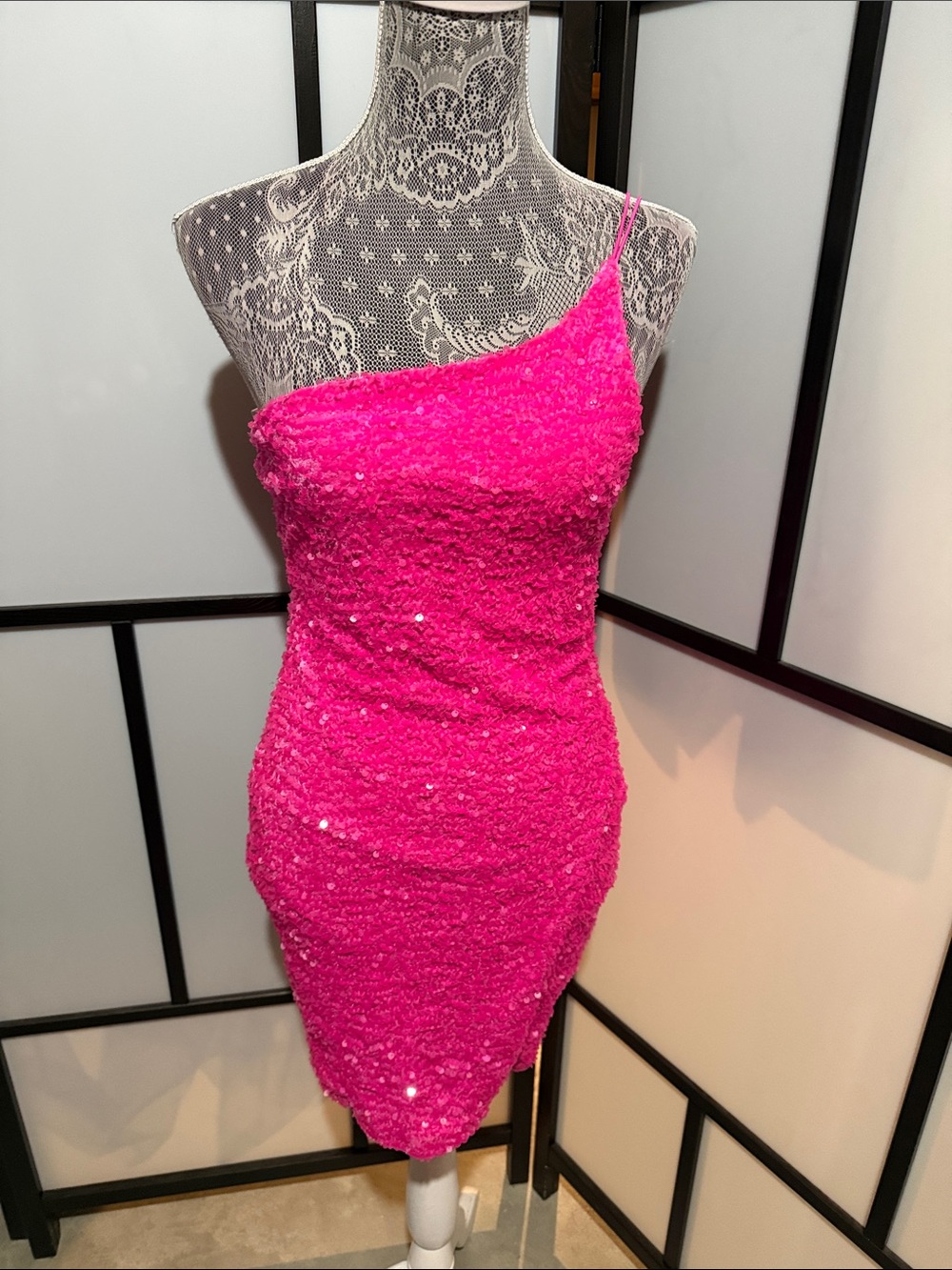 Hot Pink One-Shoulder Sequin Mini Dress